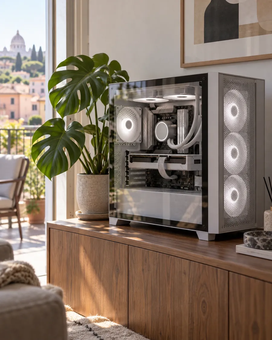 PC assemblato con case chiaro e pannello in vetro su un mobile di un soggiorno luminoso