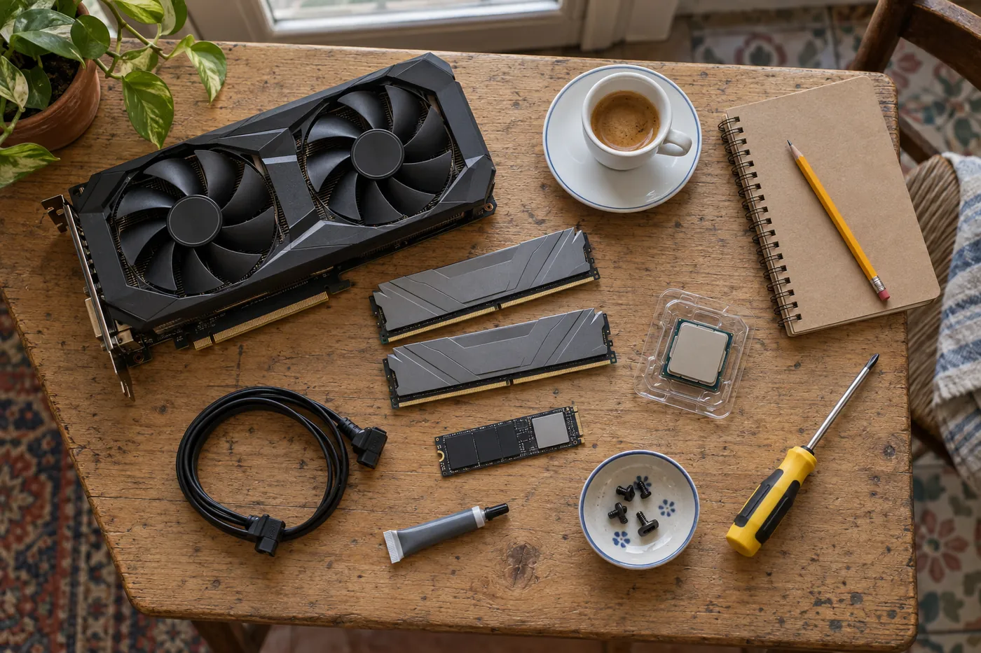Componenti PC disposti su un tavolo di legno con una tazzina di caffè