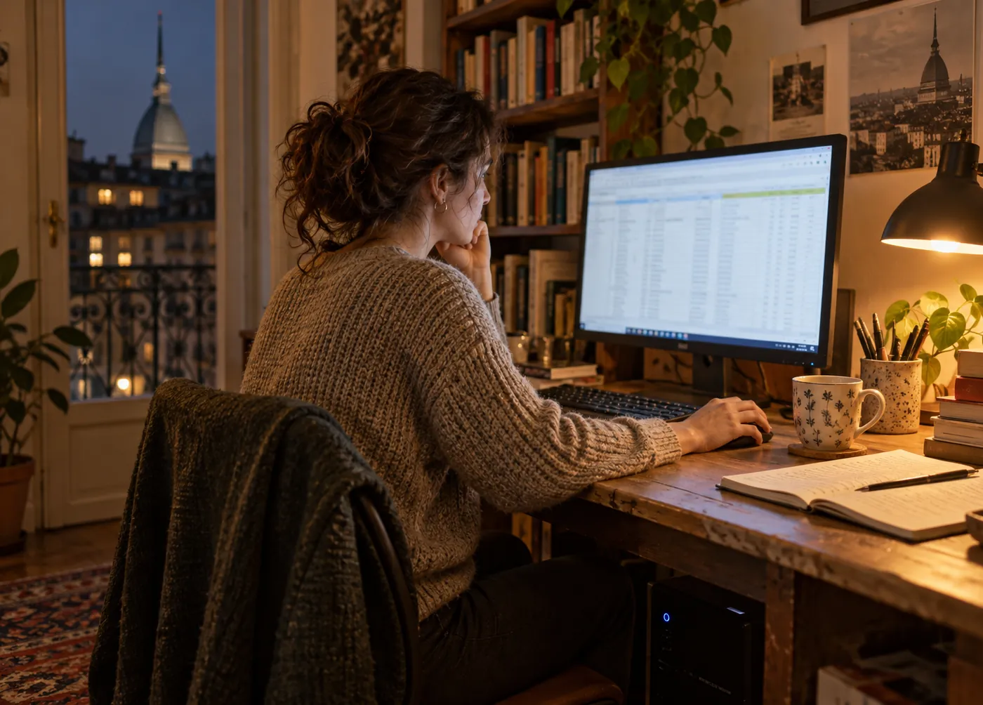 Una donna lavora al computer nel suo studio di casa la sera