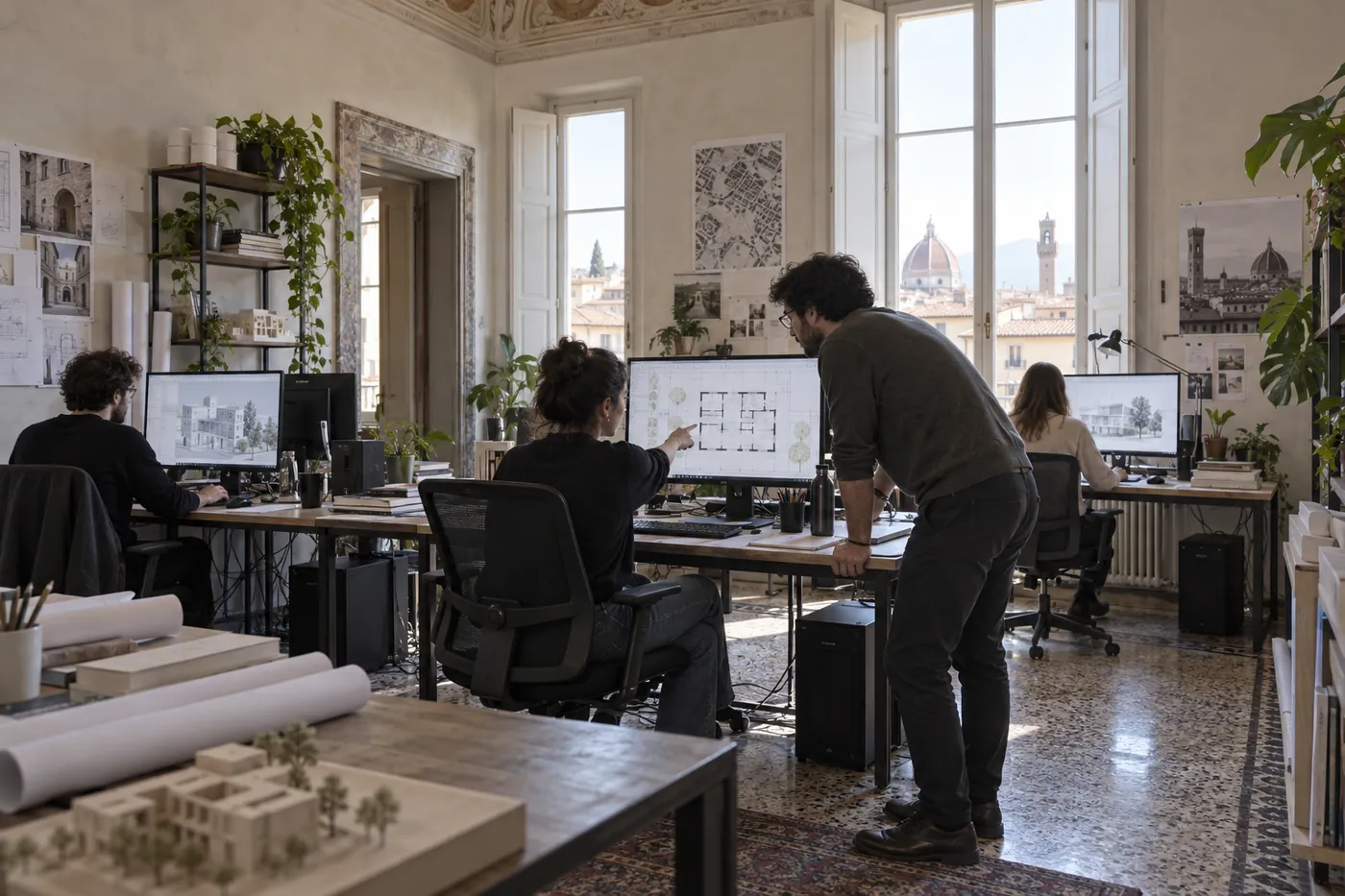 Studio di architettura con persone al lavoro su workstation e grandi monitor