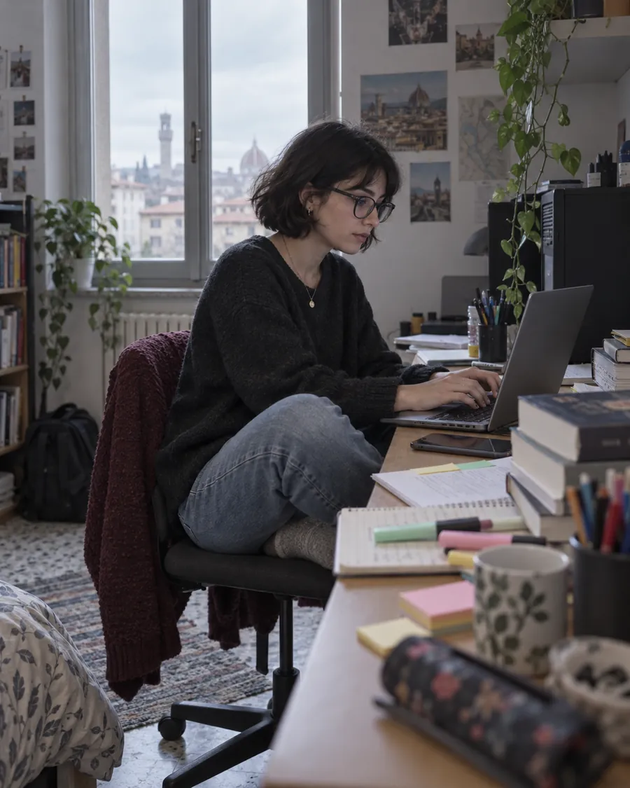 Una studentessa al lavoro alla scrivania con PC e libri