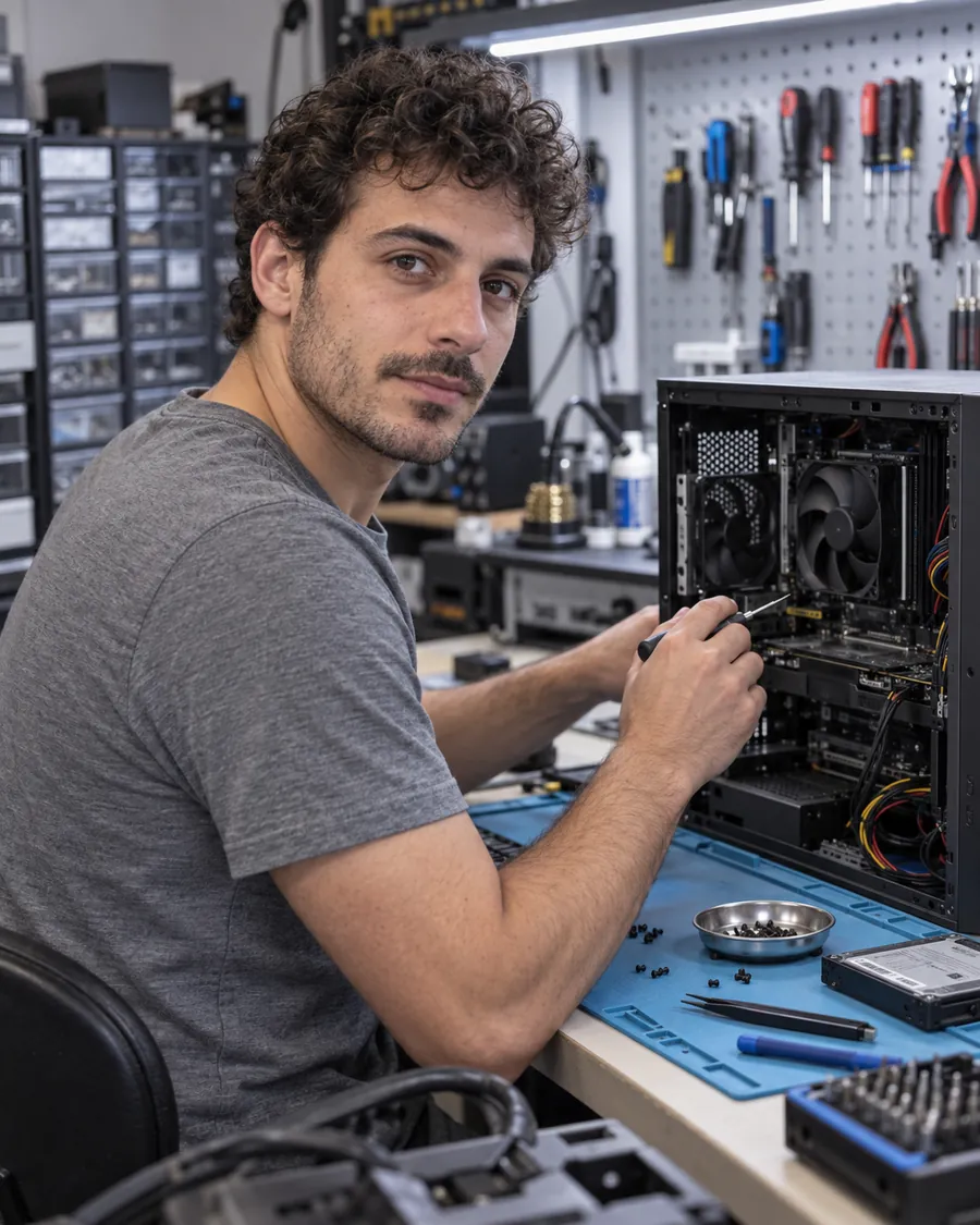 Matteo, tecnico del laboratorio, al banco di riparazione
