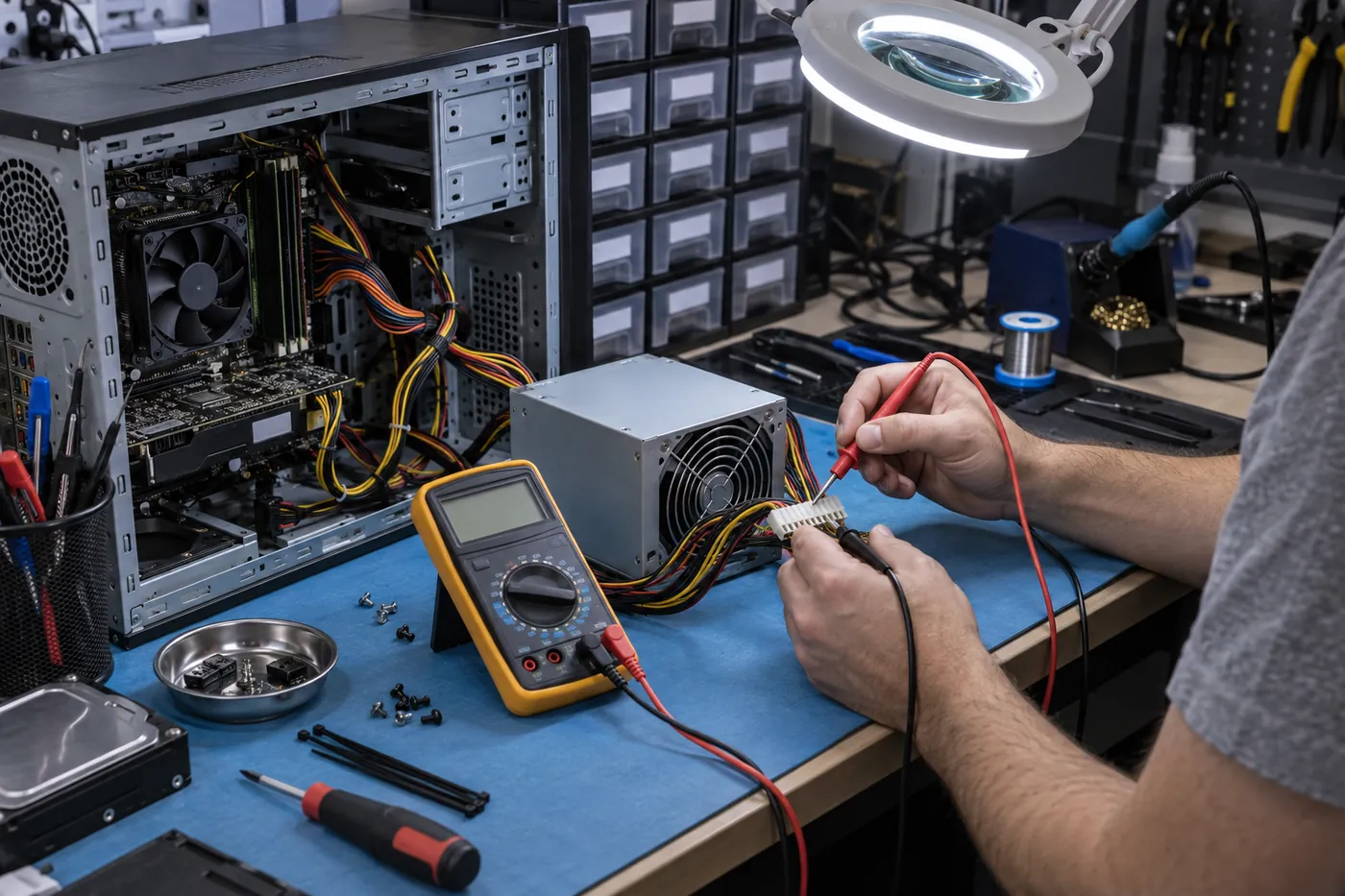 Banco di diagnosi con multimetro collegato all’alimentatore di un PC aperto